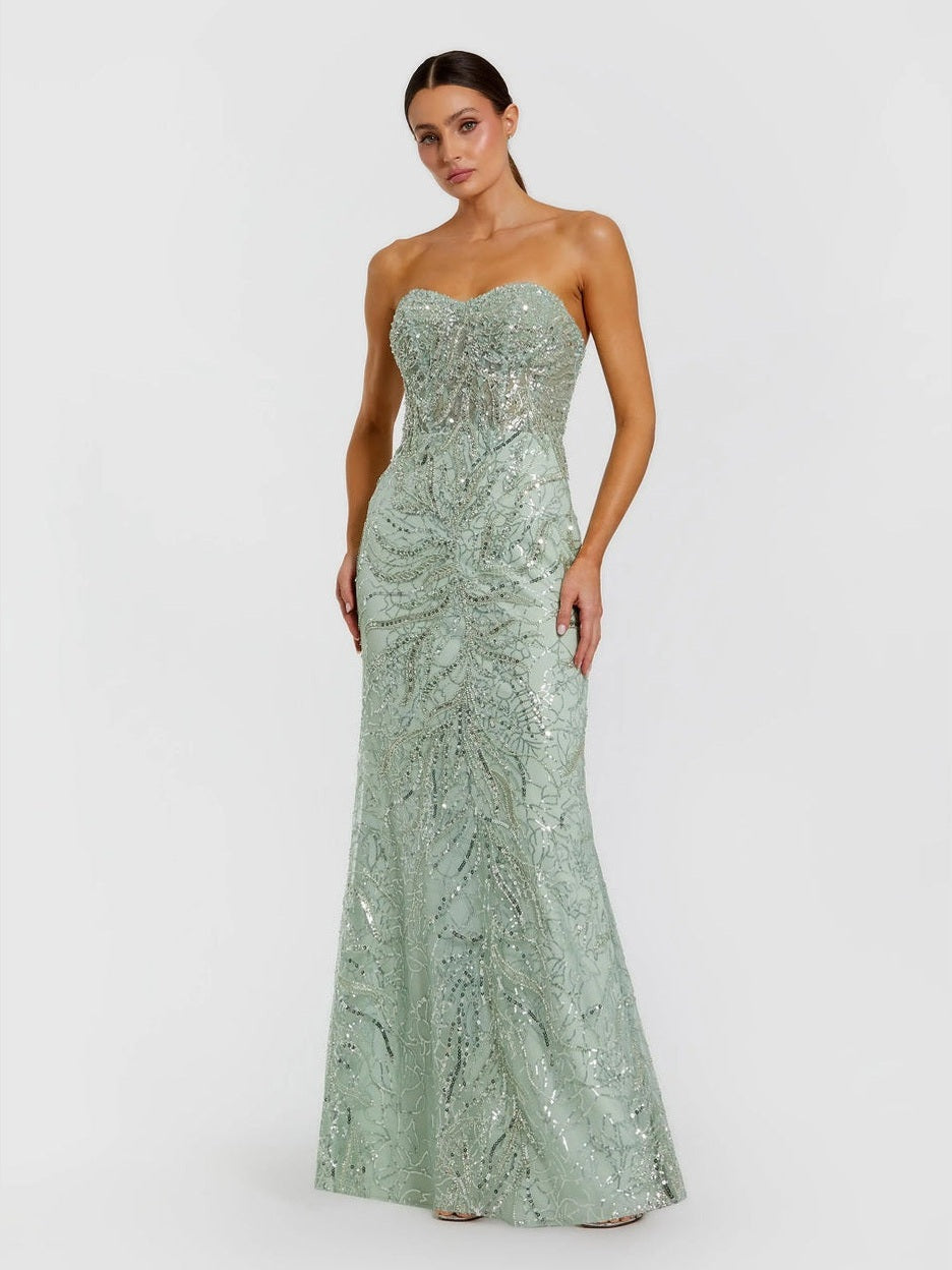 Green beaded sequin strapless trumpet gown