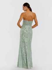 Green beaded sequin strapless trumpet gown