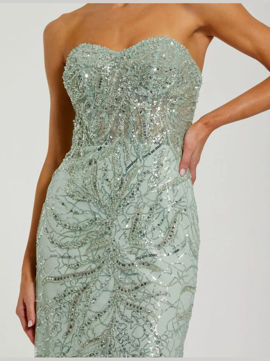 Green beaded sequin strapless trumpet gown