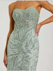 Green beaded sequin strapless trumpet gown