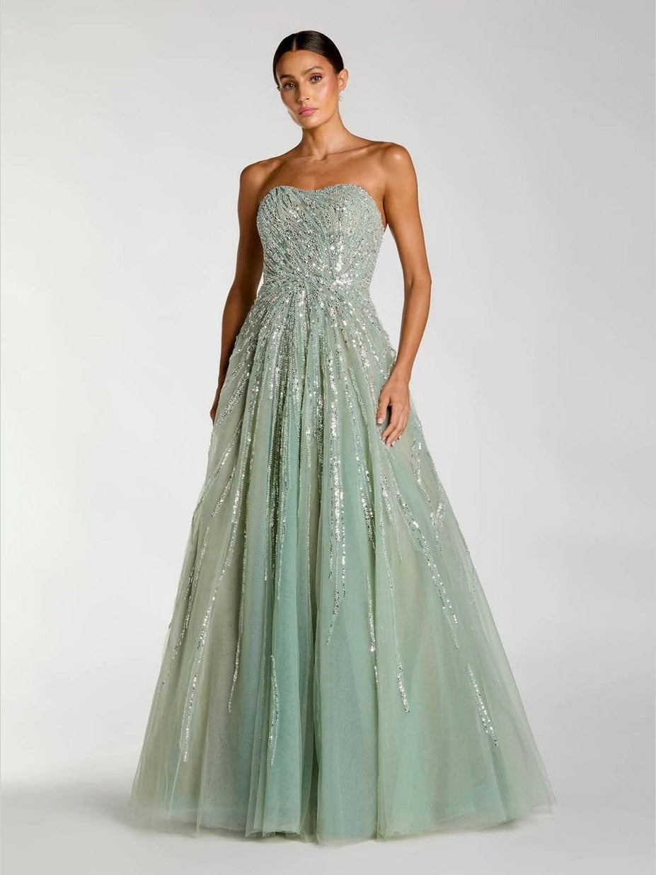 Green embellished strapless sweetheart ball gown