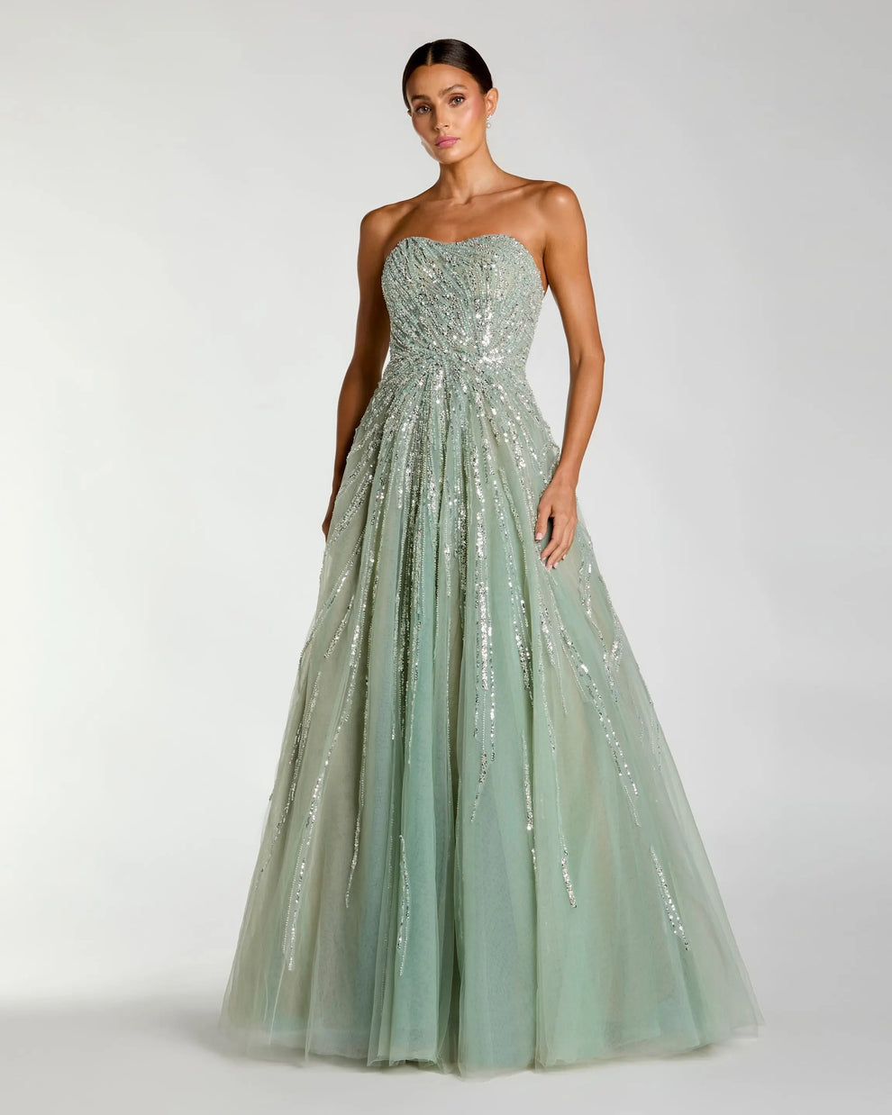 GREEN EMBELLISHED STRAPLESS SWEETHEART BALL GOWN