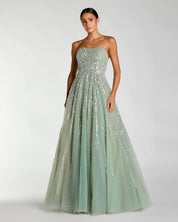 GREEN EMBELLISHED STRAPLESS SWEETHEART BALL GOWN