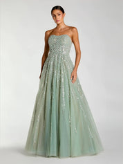 Green embellished strapless sweetheart ball gown
