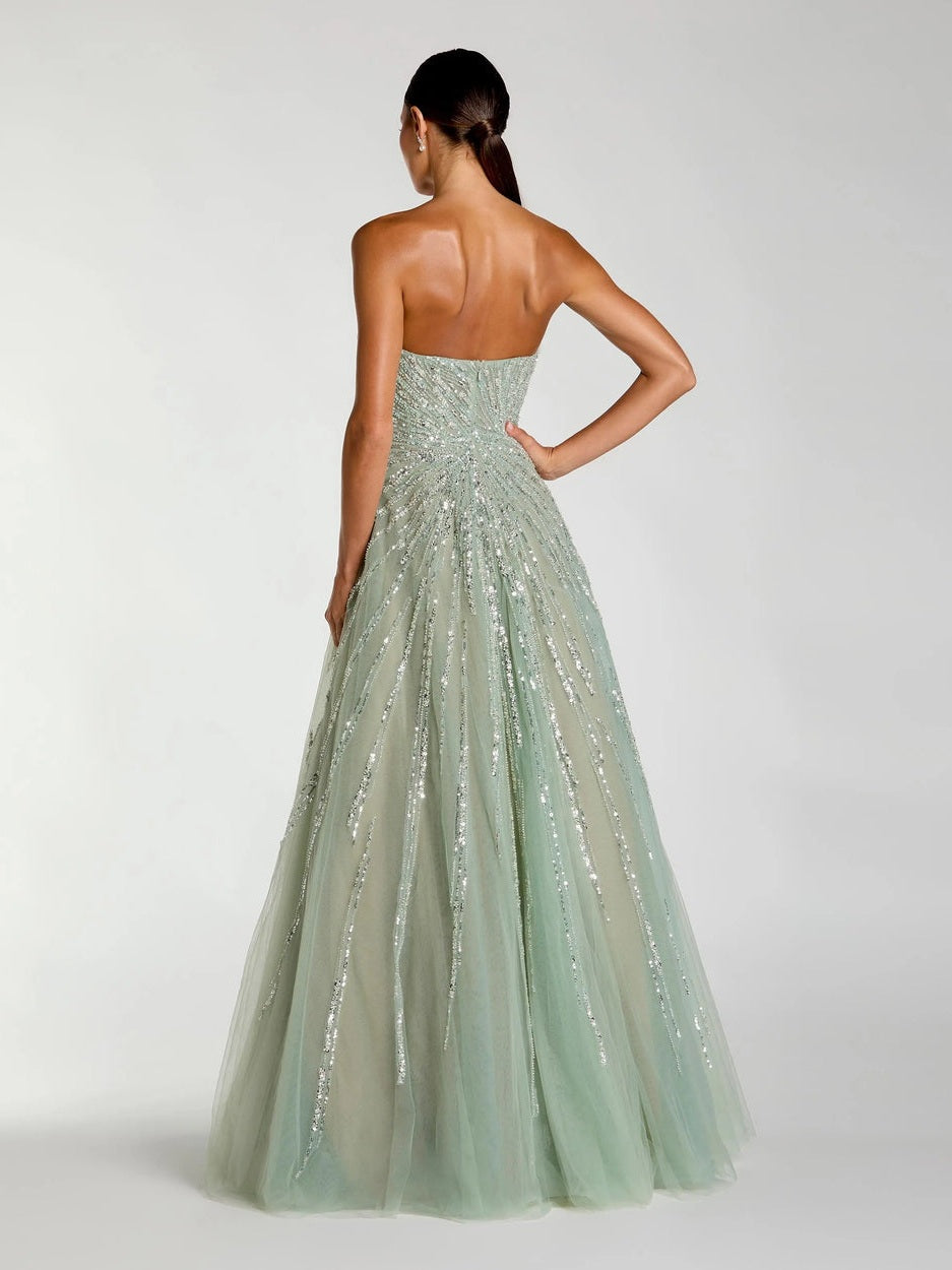 Green embellished strapless sweetheart ball gown