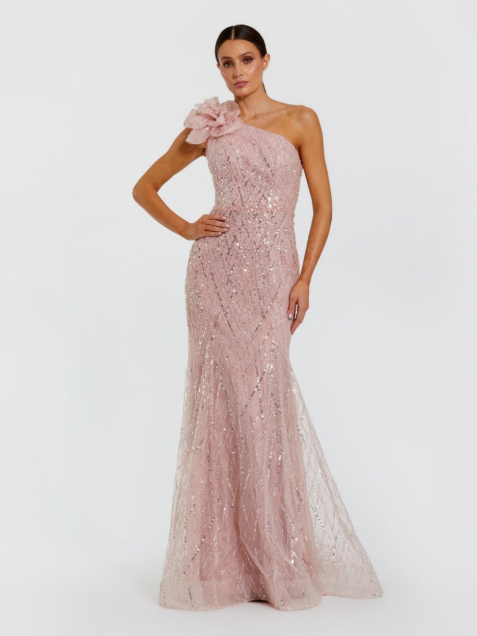 Pink one shoulder beaded mermaid gown with 3d flower