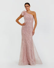 PINK ONE SHOULDER BEADED MERMAID GOWN WITH 3D FLOWER