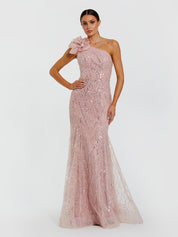 Pink one shoulder beaded mermaid gown with 3d flower