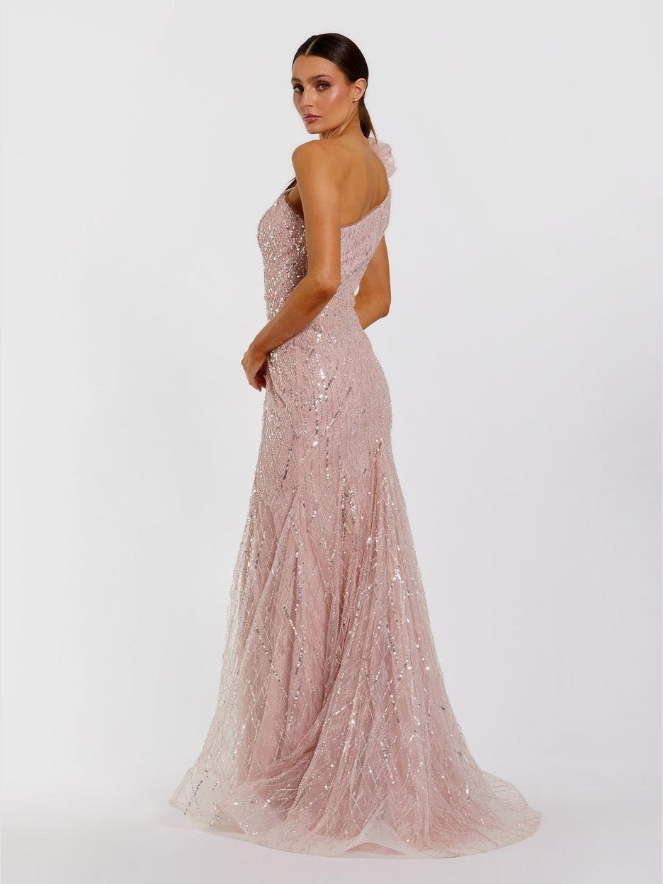 Pink one shoulder beaded mermaid gown with 3d flower
