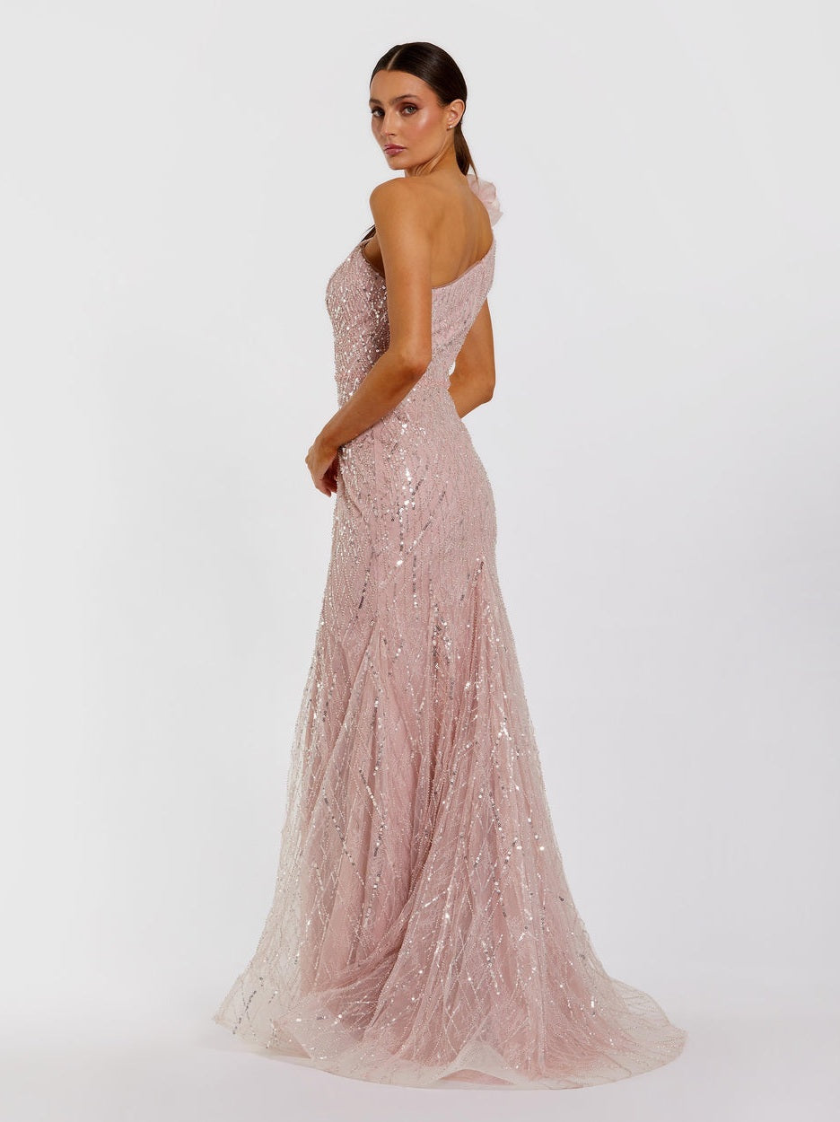 Pink one shoulder beaded mermaid gown with 3d flower