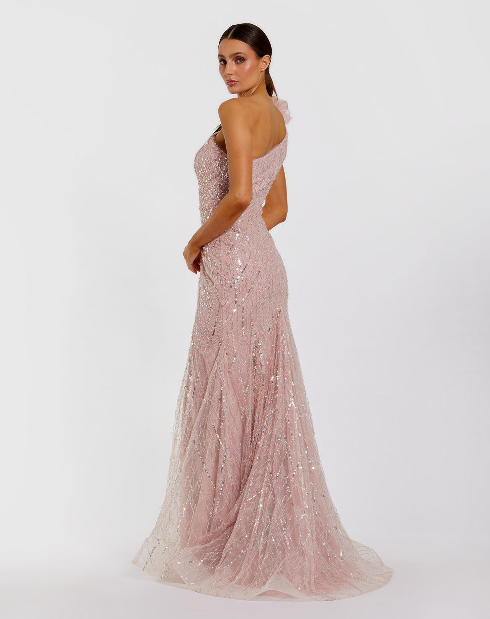 PINK ONE SHOULDER BEADED MERMAID GOWN WITH 3D FLOWER