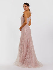 Pink one shoulder beaded mermaid gown with 3d flower