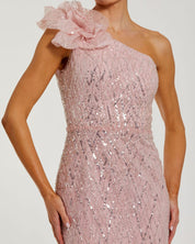 PINK ONE SHOULDER BEADED MERMAID GOWN WITH 3D FLOWER