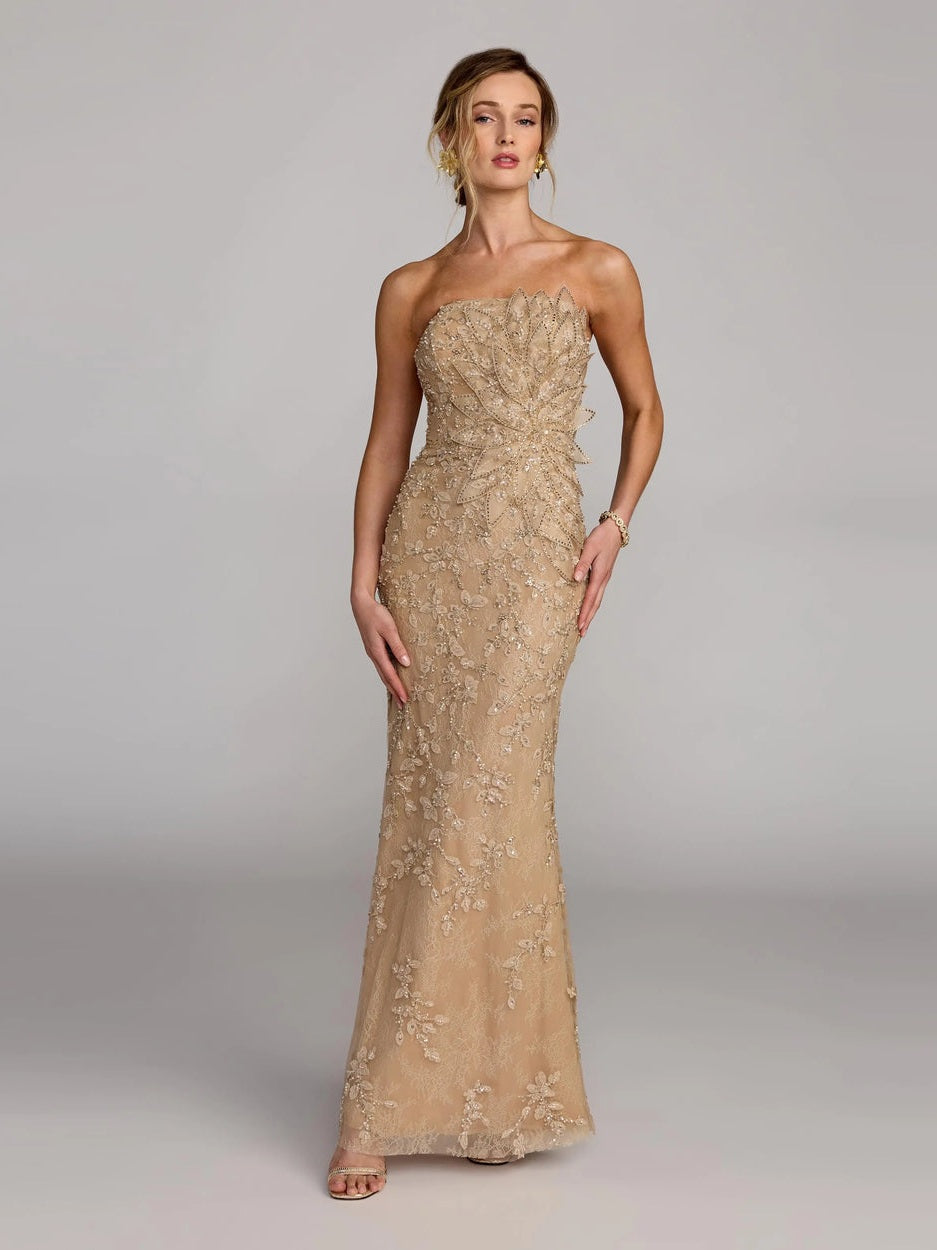 Beige strapless embellished lace gown with 3d flower