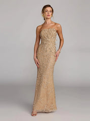 Beige strapless embellished lace gown with 3d flower