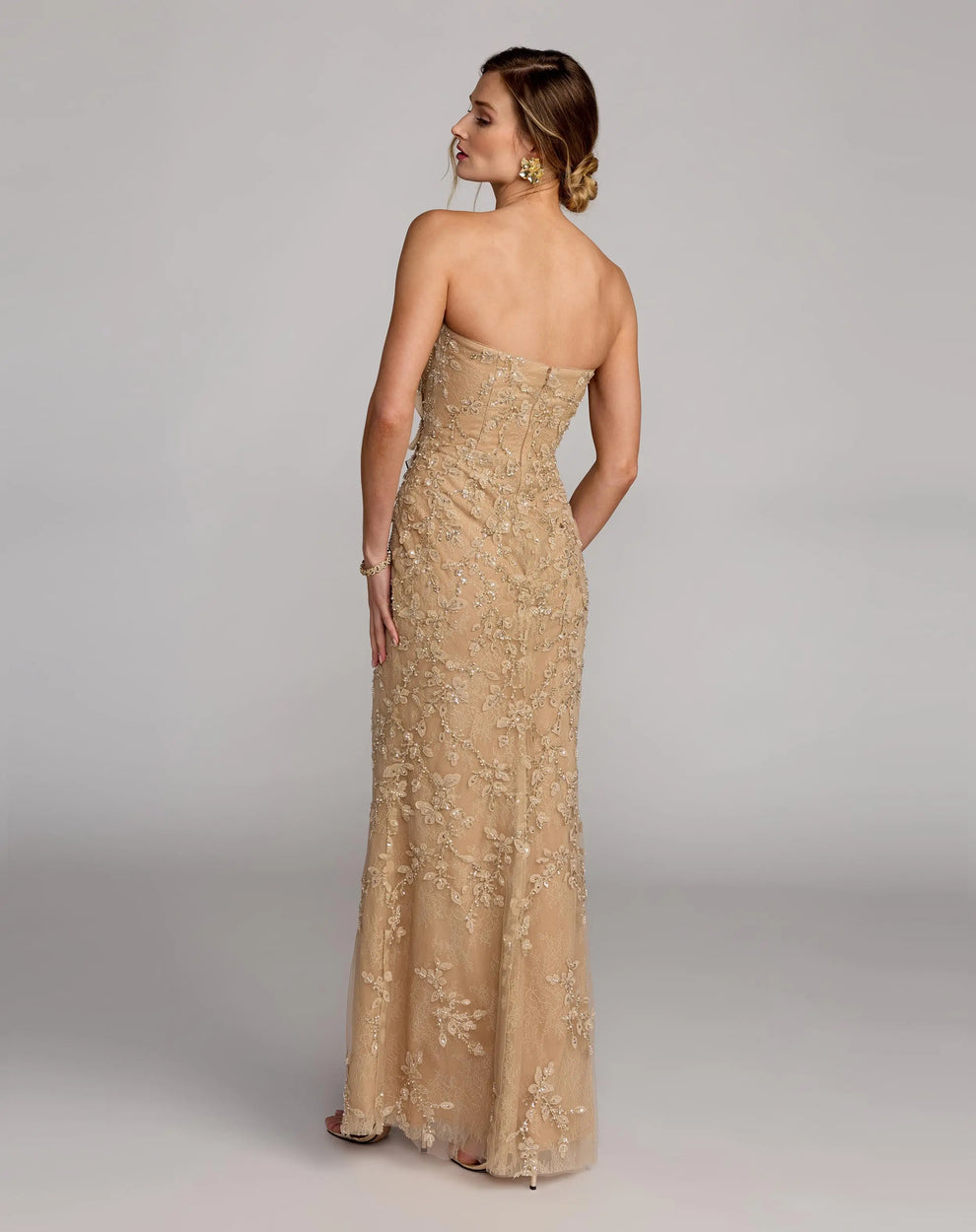 Beige strapless embellished lace gown with 3d flower