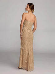 Beige strapless embellished lace gown with 3d flower
