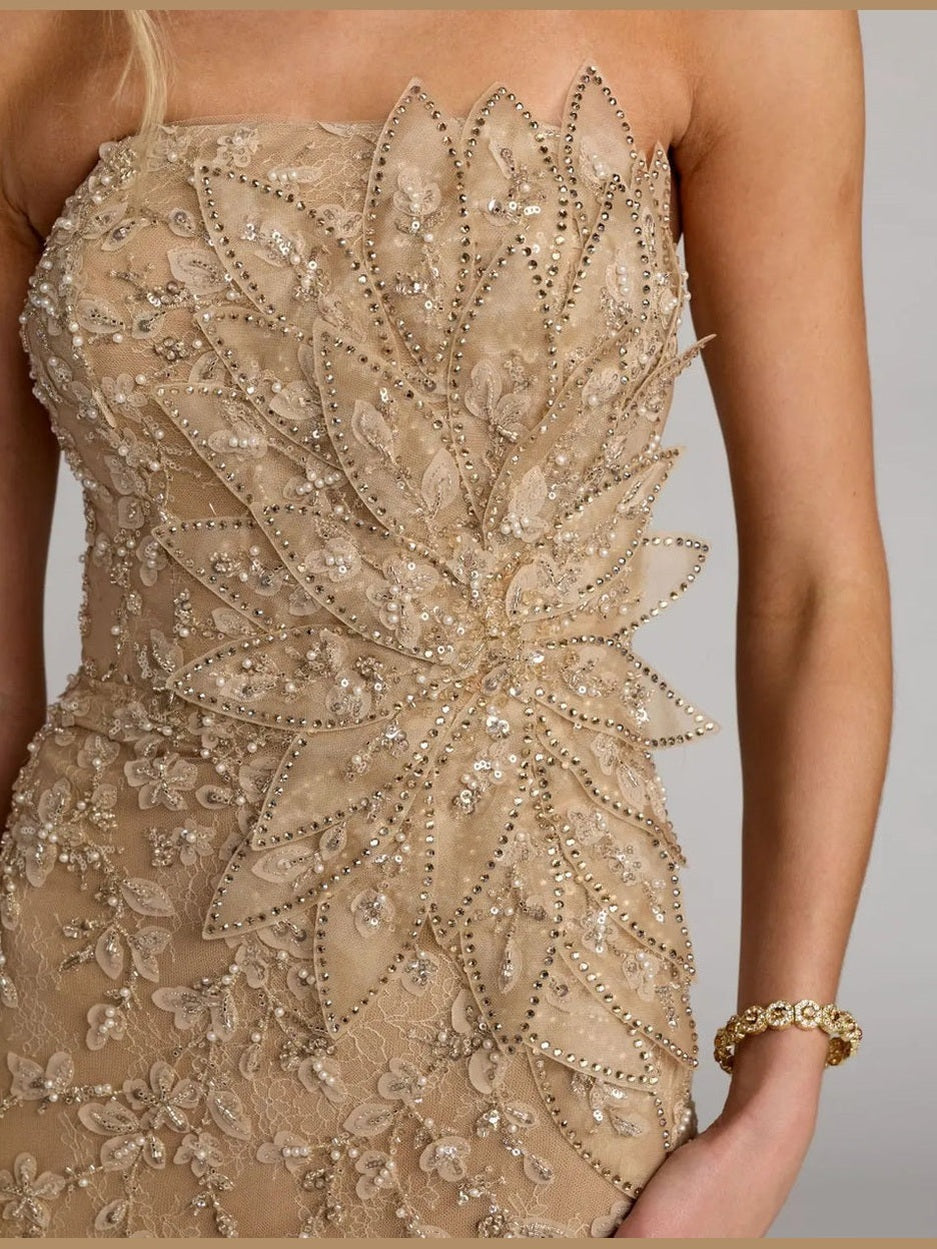 Beige strapless embellished lace gown with 3d flower