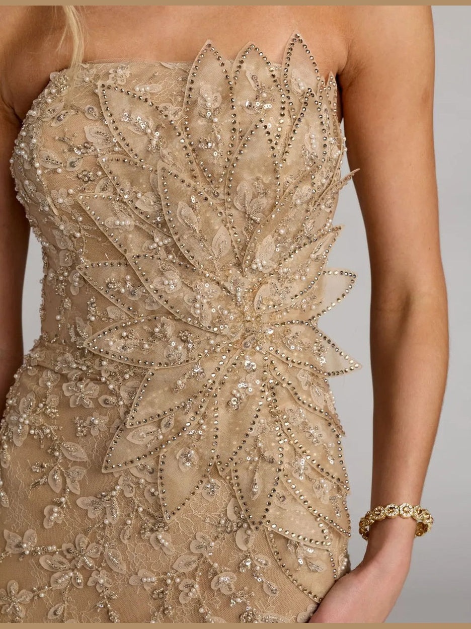 Beige strapless embellished lace gown with 3d flower