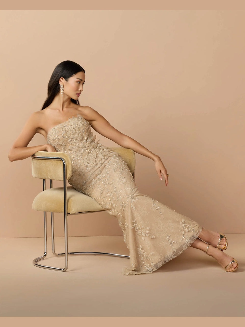 Beige strapless embellished lace gown with 3d flower