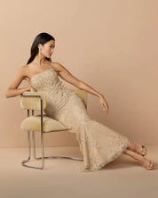 Beige strapless embellished lace gown with 3d flower
