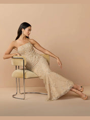 Beige strapless embellished lace gown with 3d flower