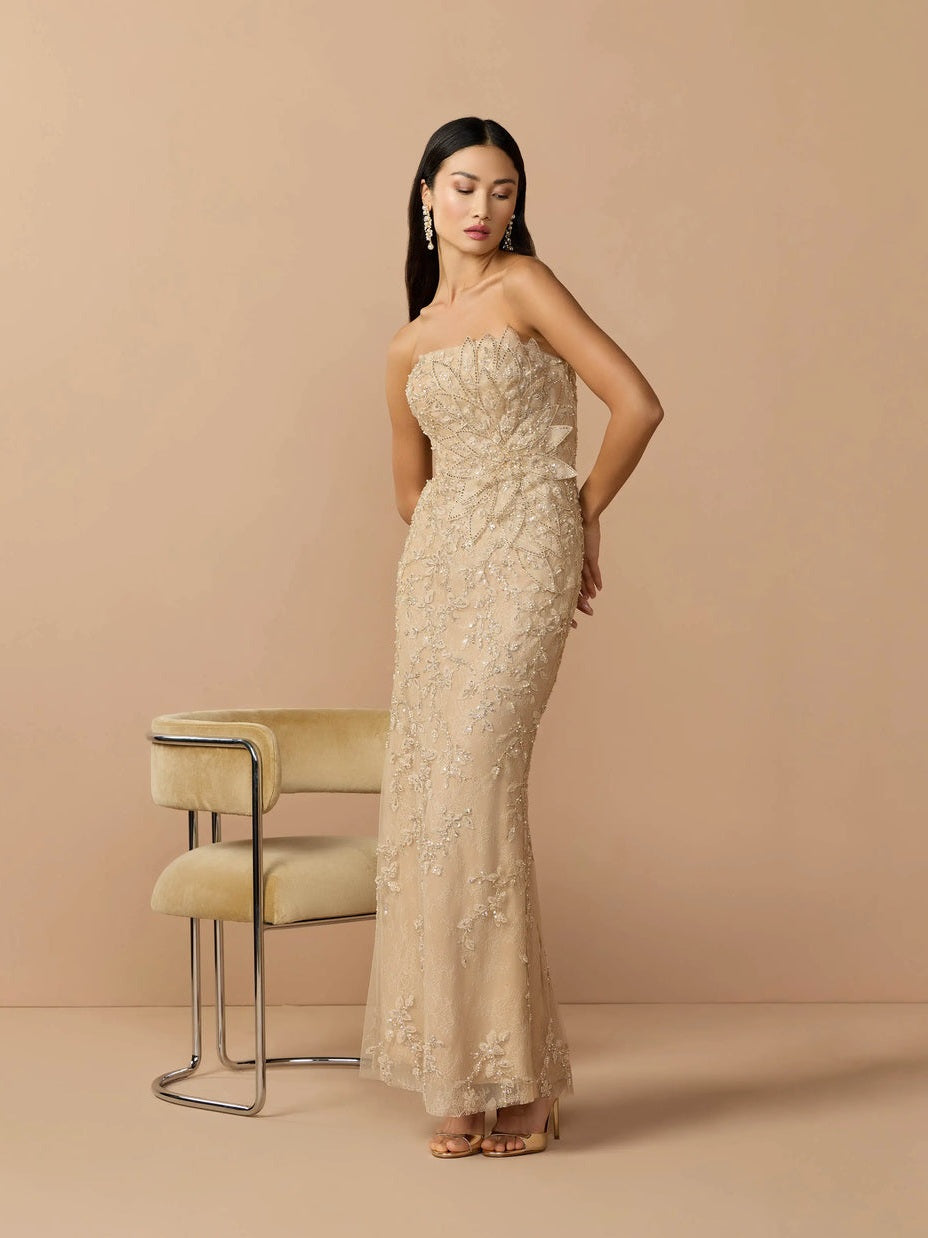 Beige strapless embellished lace gown with 3d flower