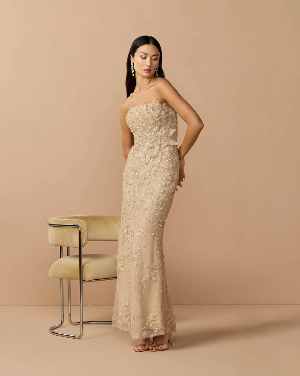 Beige strapless embellished lace gown with 3d flower