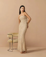 Beige strapless embellished lace gown with 3d flower