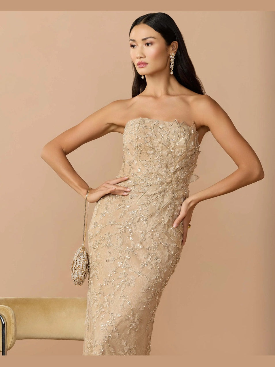 Beige strapless embellished lace gown with 3d flower