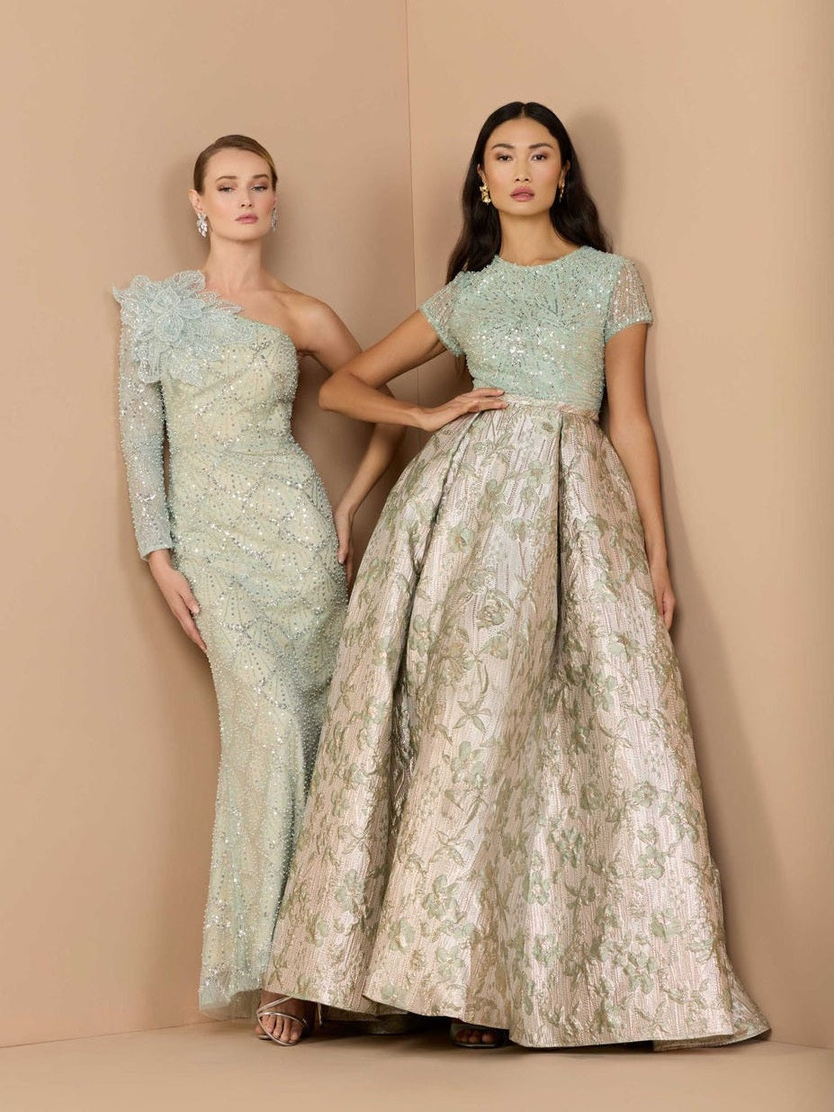 Green one-sleeve 3d flower embellished column gown