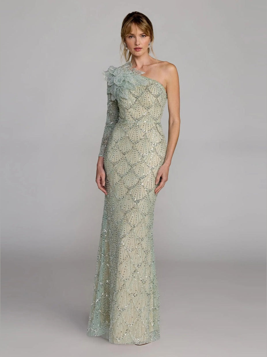 Green one-sleeve 3d flower embellished column gown