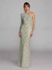 Green one-sleeve 3d flower embellished column gown