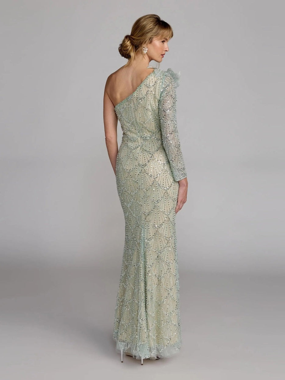 Green one-sleeve 3d flower embellished column gown