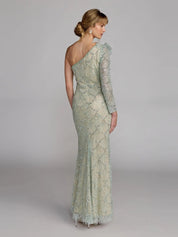 Green one-sleeve 3d flower embellished column gown