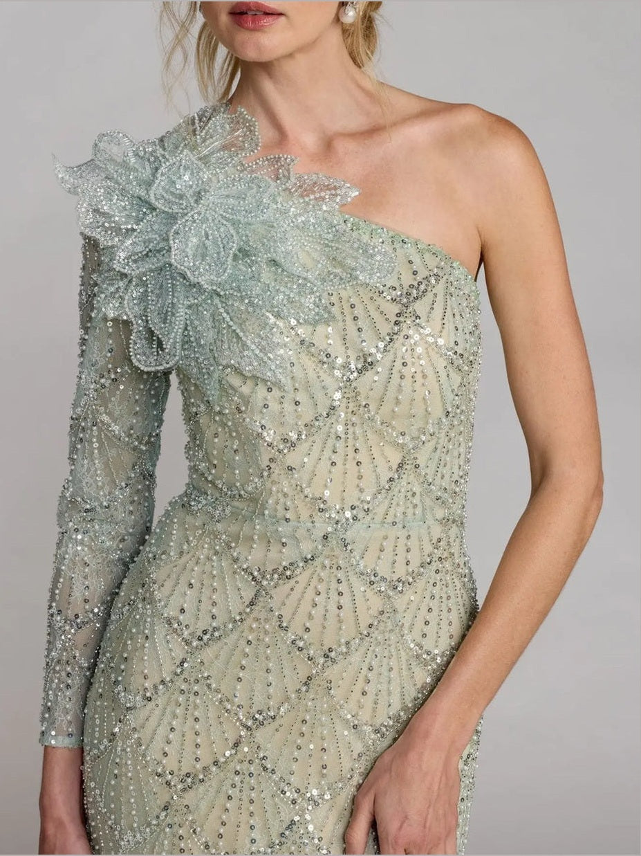 Green one-sleeve 3d flower embellished column gown
