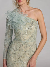 Green one-sleeve 3d flower embellished column gown