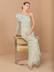 Green one-sleeve 3d flower embellished column gown
