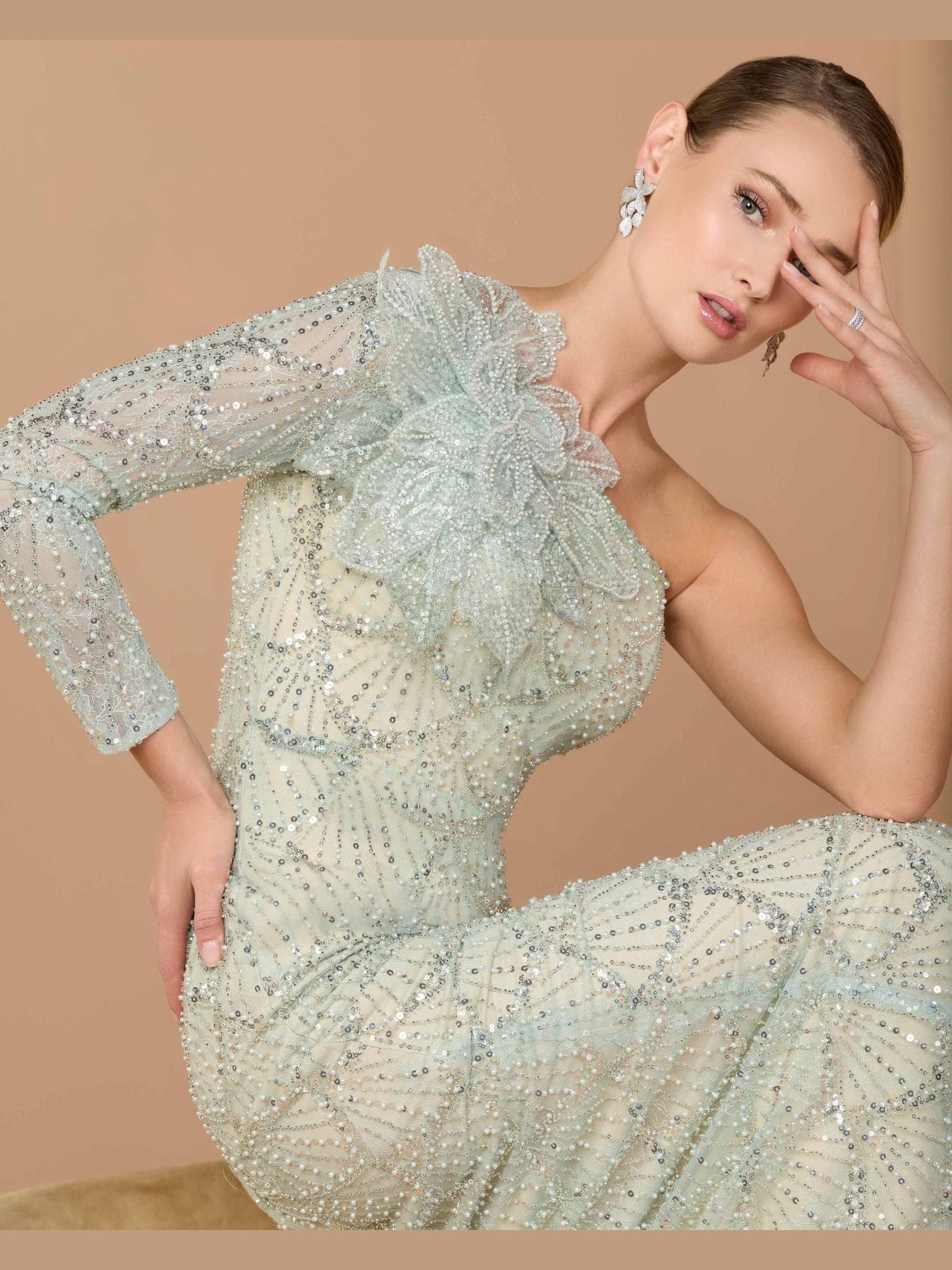Green one-sleeve 3d flower embellished column gown