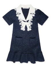 BLUE SEQUIN KNIT BOW DRESS فستان
