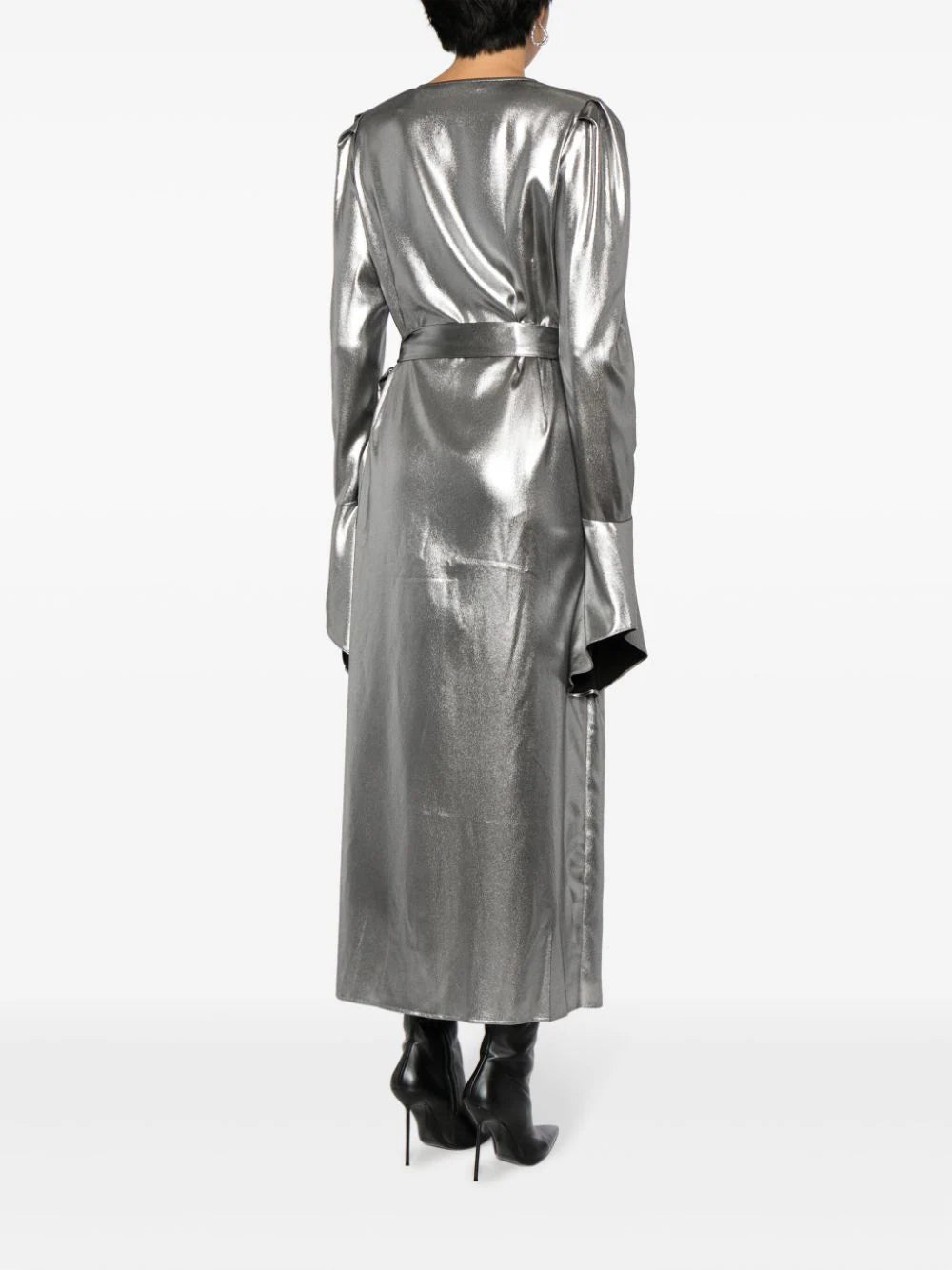 metallic wrap midi dress