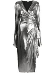 metallic wrap midi dress