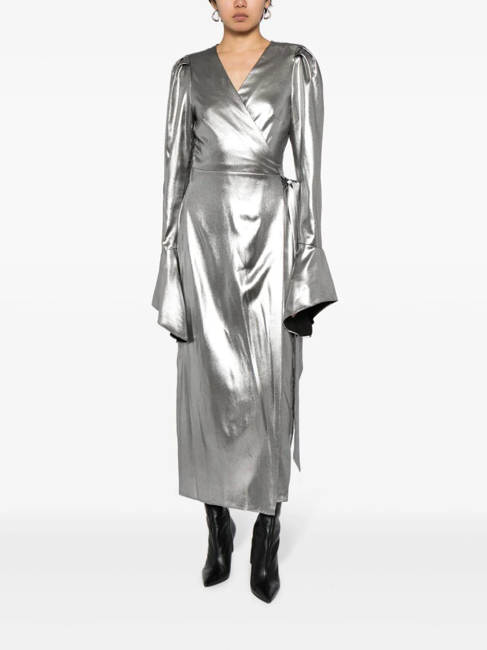 metallic wrap midi dress