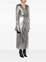 metallic wrap midi dress