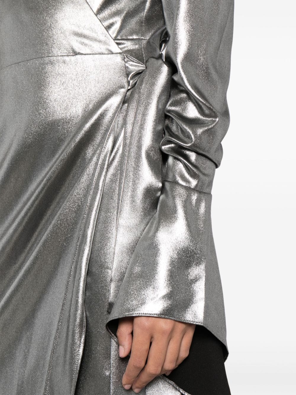 metallic wrap midi dress