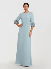 Blue a-line crepe gown with embellished 3/4 sleeves
