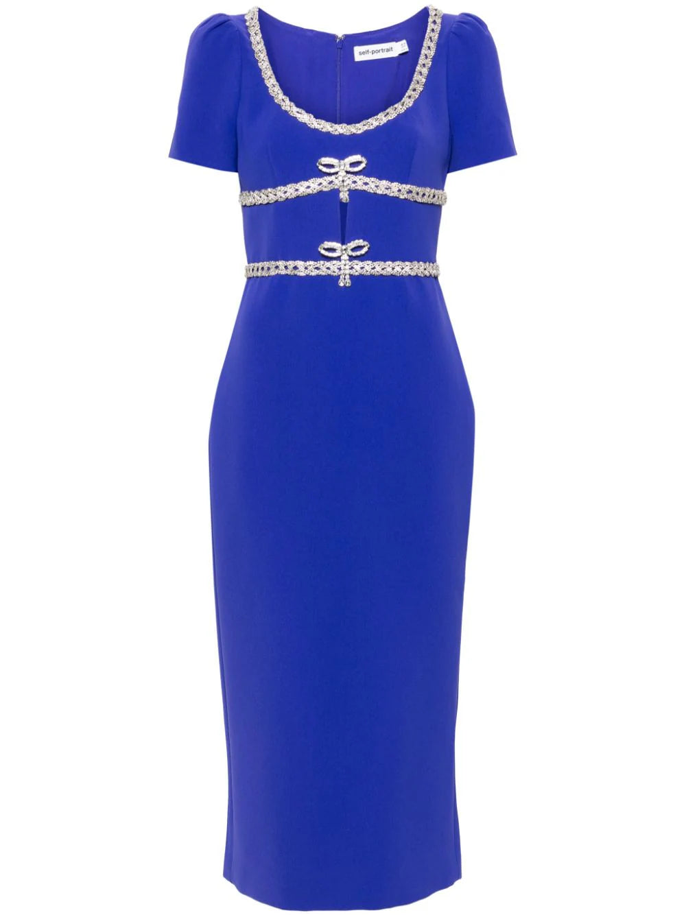 BLUE DIAMANTE BOW TRIM MIDI DRESS