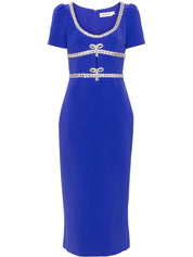 BLUE DIAMANTE BOW TRIM MIDI DRESS