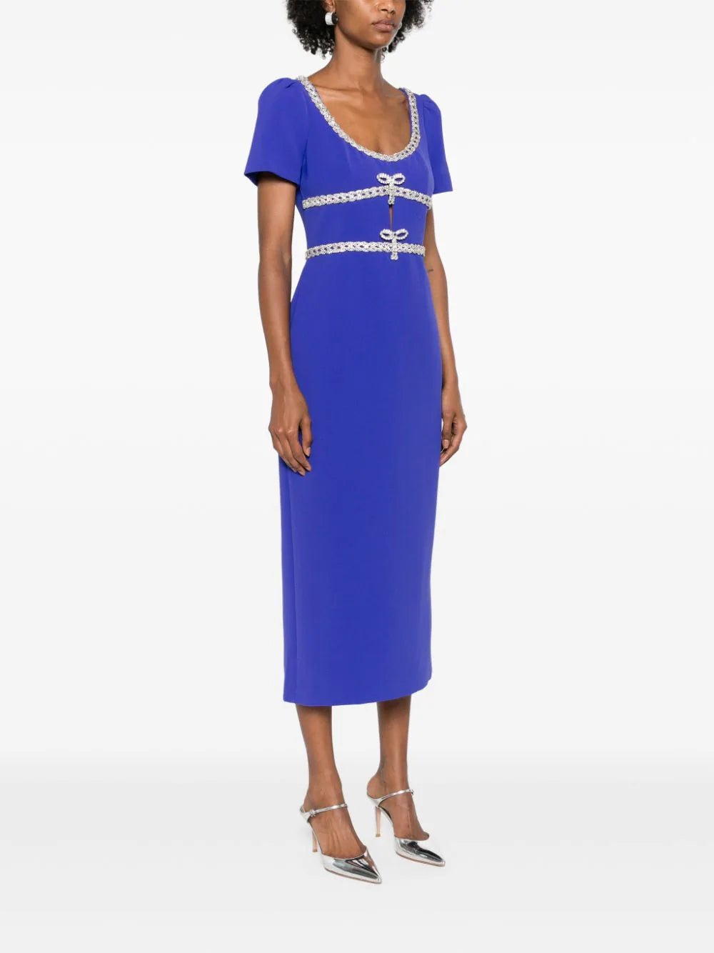 BLUE DIAMANTE BOW TRIM MIDI DRESS