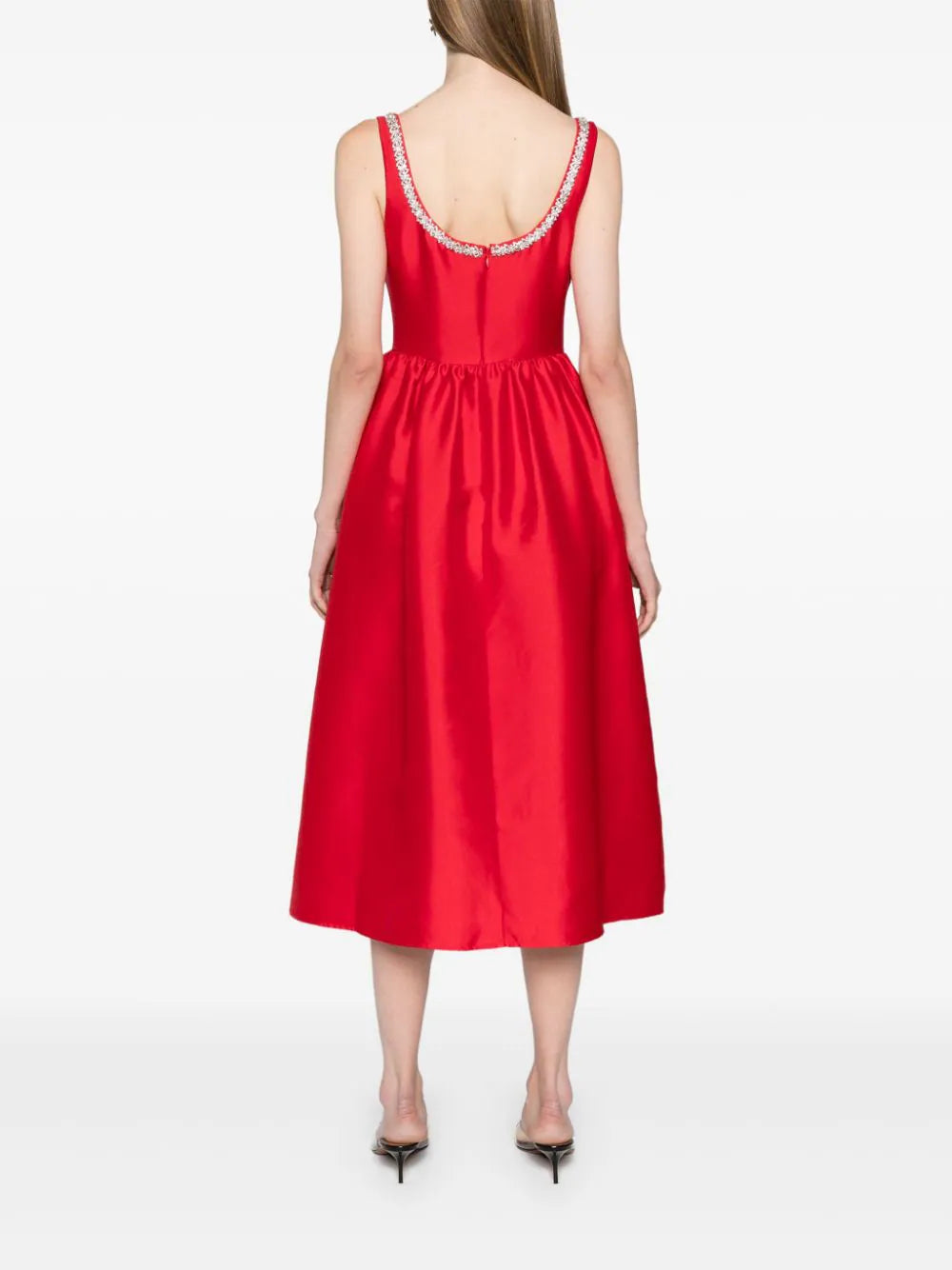 RED TAFFETA DIAMANTE MIDI DRESS